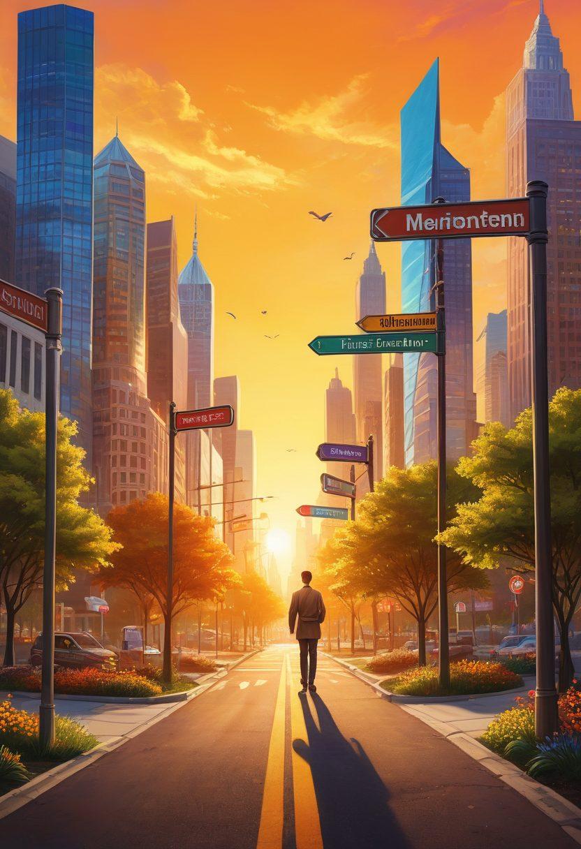 A person standing at a crossroads, symbolizing career choices, surrounded by vibrant signs pointing towards various professions. In the background, a skyline representing growth and opportunity, with trees representing mentorship and growth. The scene should evoke a sense of determination and exploration. Incorporate a sunrise to symbolize new beginnings. super-realistic. vibrant colors. dynamic composition.