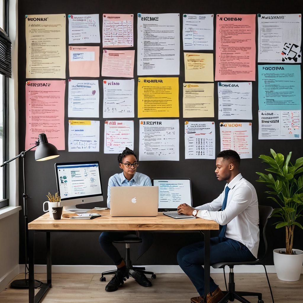A visually engaging scene showcasing a person sitting at a desk, surrounded by an open laptop displaying a digital resume, colorful interview preparation notes, and a coffee cup. In the background, there are posters with motivational quotes about professional growth. The overall atmosphere should be energetic and inspiring, with soft, warm lighting that evokes a sense of productivity. vibrant colors. super-realistic.
