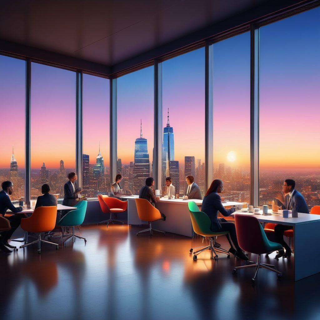 A visually striking illustration of a diverse group of professionals networking in a modern, vibrant office setting, exchanging ideas and connecting over coffee. Include elements like digital job opportunities popping up around them as glowing icons, symbolizing hidden prospects. Capture an atmosphere of collaboration and aspiration with a backdrop of a city skyline visible through large windows. super-realistic. vibrant colors. 3D.